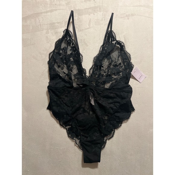 Auden Tops - Auden Womens Black Floral Lace Bodysuit Teddy Sheer V-Neck P6610E Medium NWT